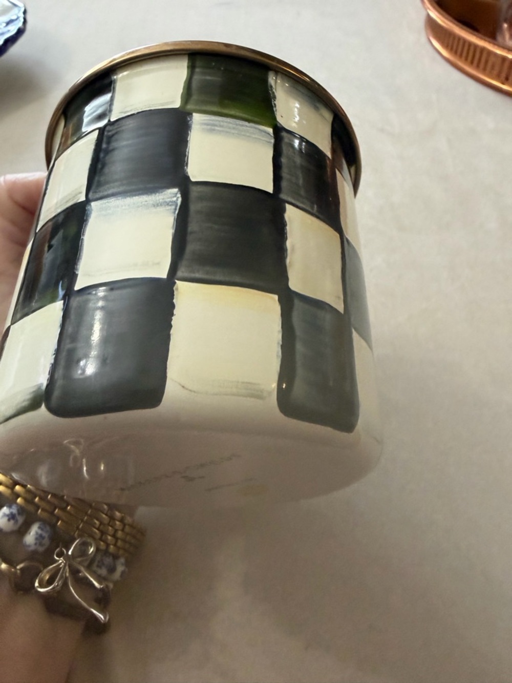 MacKenzie-Childs Black and White Checkered Ceramic Jar with Red Knob - Picture 11 of 11